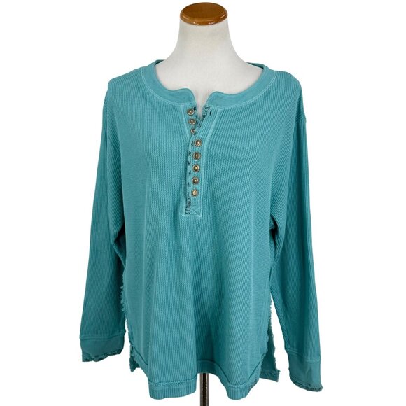 NWT Free People Aqua Henley Distressed Relaxed Thermal |  Coastal Boho Grunge M - Picture 2 of 16